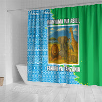 Tanzania Wildlife Shower Curtain with Tribal Print and Mount Kilimanjaro Safari Scene