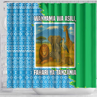Tanzania Wildlife Shower Curtain with Tribal Print and Mount Kilimanjaro Safari Scene