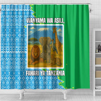 Tanzania Wildlife Shower Curtain with Tribal Print and Mount Kilimanjaro Safari Scene