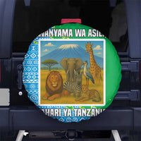 Tanzania Wildlife Spare Tire Cover with Tribal Print and Mount Kilimanjaro Safari Scene