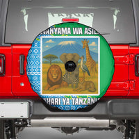 Tanzania Wildlife Spare Tire Cover with Tribal Print and Mount Kilimanjaro Safari Scene