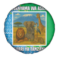 Tanzania Wildlife Spare Tire Cover with Tribal Print and Mount Kilimanjaro Safari Scene