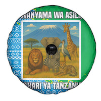 Tanzania Wildlife Spare Tire Cover with Tribal Print and Mount Kilimanjaro Safari Scene