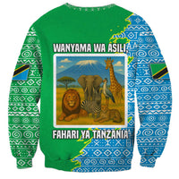 Tanzania Wildlife Sweatshirt with Tribal Print and Mount Kilimanjaro Safari Scene