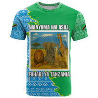 Tanzania Wildlife T Shirt with Tribal Print and Mount Kilimanjaro Safari Scene