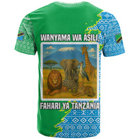 Tanzania Wildlife T Shirt with Tribal Print and Mount Kilimanjaro Safari Scene