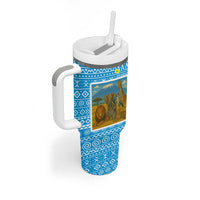 Tanzania Wildlife Tumbler With Handle with Tribal Print and Mount Kilimanjaro Safari Scene