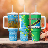 Tanzania Wildlife Tumbler With Handle with Tribal Print and Mount Kilimanjaro Safari Scene