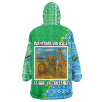 Tanzania Wildlife Wearable Blanket Hoodie with Tribal Print and Mount Kilimanjaro Safari Scene