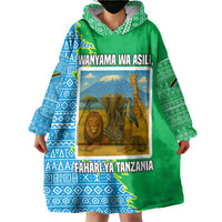 Tanzania Wildlife Wearable Blanket Hoodie with Tribal Print and Mount Kilimanjaro Safari Scene