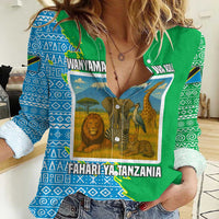 Tanzania Wildlife Women Casual Shirt with Tribal Print and Mount Kilimanjaro Safari Scene