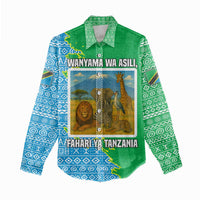 Tanzania Wildlife Women Casual Shirt with Tribal Print and Mount Kilimanjaro Safari Scene