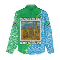 Tanzania Wildlife Women Casual Shirt with Tribal Print and Mount Kilimanjaro Safari Scene