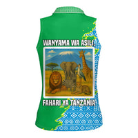 Tanzania Wildlife Women Sleeveless Polo Shirt with Tribal Print and Mount Kilimanjaro Safari Scene