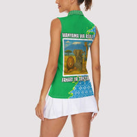 Tanzania Wildlife Women Sleeveless Polo Shirt with Tribal Print and Mount Kilimanjaro Safari Scene