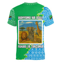 Tanzania Wildlife Women V-Neck T-Shirt with Tribal Print and Mount Kilimanjaro Safari Scene