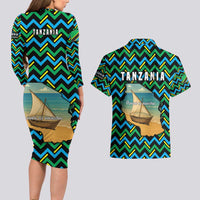 Tanzania Coastal Life Couples Matching Long Sleeve Bodycon Dress and Hawaiian Shirt with Swahili Dhow Boat and Tribal Pattern - Wonder Print Shop