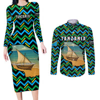 Tanzania Coastal Life Couples Matching Long Sleeve Bodycon Dress and Long Sleeve Button Shirt with Swahili Dhow Boat and Tribal Pattern - Wonder Print Shop