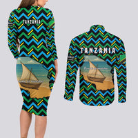 Tanzania Coastal Life Couples Matching Long Sleeve Bodycon Dress and Long Sleeve Button Shirt with Swahili Dhow Boat and Tribal Pattern - Wonder Print Shop