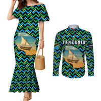 Tanzania Coastal Life Couples Matching Mermaid Dress and Long Sleeve Button Shirt with Swahili Dhow Boat and Tribal Pattern - Wonder Print Shop