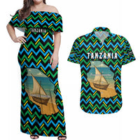 Tanzania Coastal Life Couples Matching Off Shoulder Maxi Dress and Hawaiian Shirt with Swahili Dhow Boat and Tribal Pattern - Wonder Print Shop