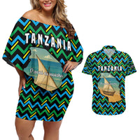 Tanzania Coastal Life Couples Matching Off Shoulder Short Dress and Hawaiian Shirt with Swahili Dhow Boat and Tribal Pattern - Wonder Print Shop