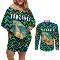 Tanzania Coastal Life Couples Matching Off Shoulder Short Dress and Long Sleeve Button Shirt with Swahili Dhow Boat and Tribal Pattern - Wonder Print Shop