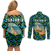 Tanzania Coastal Life Couples Matching Off Shoulder Short Dress and Long Sleeve Button Shirt with Swahili Dhow Boat and Tribal Pattern - Wonder Print Shop