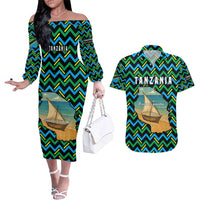 Tanzania Coastal Life Couples Matching Off The Shoulder Long Sleeve Dress and Hawaiian Shirt with Swahili Dhow Boat and Tribal Pattern - Wonder Print Shop