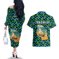 Tanzania Coastal Life Couples Matching Off The Shoulder Long Sleeve Dress and Hawaiian Shirt with Swahili Dhow Boat and Tribal Pattern - Wonder Print Shop