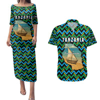Tanzania Coastal Life Couples Matching Puletasi and Hawaiian Shirt with Swahili Dhow Boat and Tribal Pattern - Wonder Print Shop
