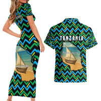 Tanzania Coastal Life Couples Matching Short Sleeve Bodycon Dress and Hawaiian Shirt with Swahili Dhow Boat and Tribal Pattern - Wonder Print Shop