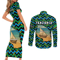Tanzania Coastal Life Couples Matching Short Sleeve Bodycon Dress and Long Sleeve Button Shirt with Swahili Dhow Boat and Tribal Pattern - Wonder Print Shop