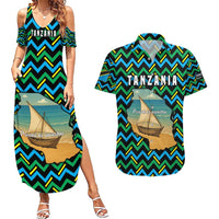Tanzania Coastal Life Couples Matching Summer Maxi Dress and Hawaiian Shirt with Swahili Dhow Boat and Tribal Pattern - Wonder Print Shop