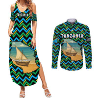 Tanzania Coastal Life Couples Matching Summer Maxi Dress and Long Sleeve Button Shirt with Swahili Dhow Boat and Tribal Pattern - Wonder Print Shop