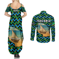 Tanzania Coastal Life Couples Matching Summer Maxi Dress and Long Sleeve Button Shirt with Swahili Dhow Boat and Tribal Pattern - Wonder Print Shop