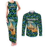 Tanzania Coastal Life Couples Matching Tank Maxi Dress and Long Sleeve Button Shirt with Swahili Dhow Boat and Tribal Pattern - Wonder Print Shop