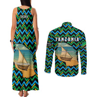 Tanzania Coastal Life Couples Matching Tank Maxi Dress and Long Sleeve Button Shirt with Swahili Dhow Boat and Tribal Pattern - Wonder Print Shop