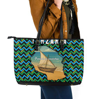 Tanzania Coastal Life Leather Tote Bag with Swahili Dhow Boat and Tribal Pattern - Wonder Print Shop