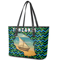Tanzania Coastal Life Leather Tote Bag with Swahili Dhow Boat and Tribal Pattern - Wonder Print Shop