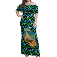 Tanzania Coastal Life Off Shoulder Maxi Dress with Swahili Dhow Boat and Tribal Pattern - Wonder Print Shop