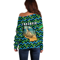 Tanzania Coastal Life Off Shoulder Sweater with Swahili Dhow Boat and Tribal Pattern - Wonder Print Shop