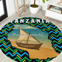 Tanzania Coastal Life Round Carpet with Swahili Dhow Boat and Tribal Pattern - Wonder Print Shop