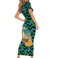 Tanzania Coastal Life Short Sleeve Bodycon Dress with Swahili Dhow Boat and Tribal Pattern - Wonder Print Shop
