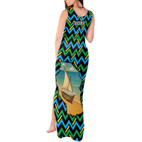 Tanzania Coastal Life Tank Maxi Dress with Swahili Dhow Boat and Tribal Pattern - Wonder Print Shop