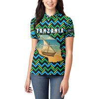 Tanzania Coastal Life Women Polo Shirt with Swahili Dhow Boat and Tribal Pattern - Wonder Print Shop