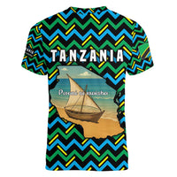Tanzania Coastal Life Women V-Neck T-Shirt with Swahili Dhow Boat and Tribal Pattern - Wonder Print Shop