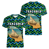 Tanzania Coastal Life Women V-Neck T-Shirt with Swahili Dhow Boat and Tribal Pattern - Wonder Print Shop