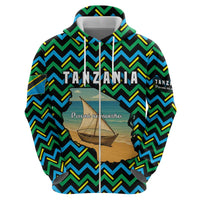 Tanzania Coastal Life Zip Hoodie with Swahili Dhow Boat and Tribal Pattern - Wonder Print Shop