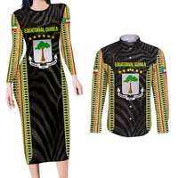 Equatorial Guinea Heritage Couples Matching Long Sleeve Bodycon Dress and Long Sleeve Button Shirt with National Emblem and Tribal Zebra Print